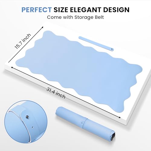 Image of PU Leather Desk Pad, Scalloped Non-Slip Mouse Pad & Large Desk Mat Cover Stitched Edges Writing Pad for Office, Home - Waterproof, Easy to Clean, Durable Surface I 31.4 inchx15.7 inch, Air Blue
