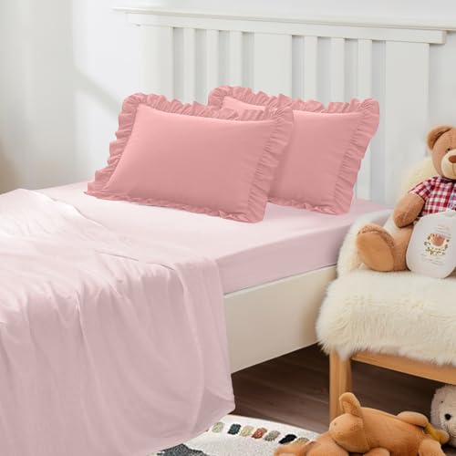 Image of 13 inchx18 inch Toddler Pillow Cases Set of 2, Pink | Ruffled Pillow Shams Brushed Microfiber Nursery Pillow Cover for Boys Girls, Soft Breathable Machine Washable