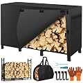 Tetutor Firewood Rack Outdoor with Cover, 4FT Fire Wood Racks Outdoor with Log Carrier Kindling Hooks, Metal Firewood Holder Log Holders, Wood Storage Holders for Fireplace Deck Indoor