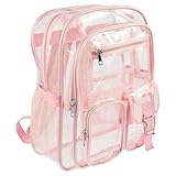 Tcwhniev Mochila transparente resistente para meninas, meninos e mulheres, homens, bolsa de livros transparente de PVC com alças Oxford alargadas, vários bolsos, rosa, 16.14 in, Mochila transparente