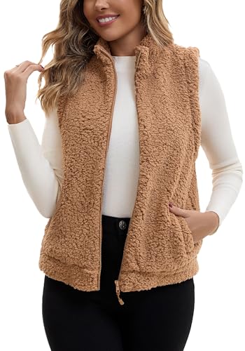 FEOYA Women Sherpa Fleece Zip Up Vest Fall Winter Warm Waistcoat Stand Collar Sleeveless Jacket S-XXL