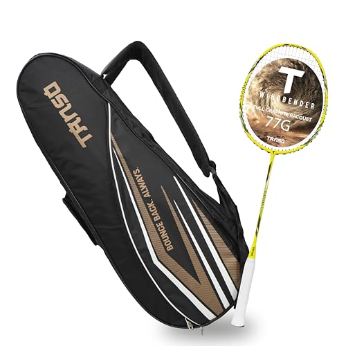 Image of TANSO Windbender Full Graphite Ultra Light Weight Badminton Racquet with T-Blast Badminton Kit Bag (32 Lbs Tension, 680 mm Long, 77 Grams, Strung with Premium Strings)
