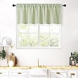 MitoVilla Boho Farmhouse Kitchen Valances for Windows, Sage Green French Country Valance Curtains for Living Room/Bedroom, Modern Rustic Linen Tassel Topper Window Curtain, 52’’W x 18’’L