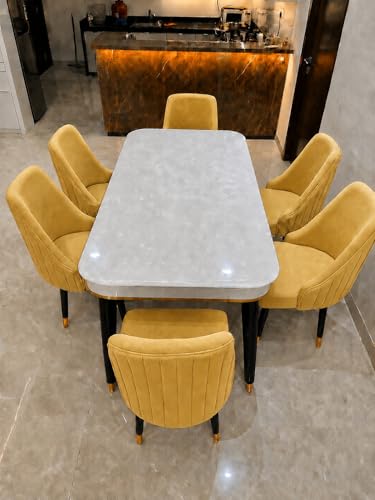 Image of WOODEN SPACE 6-Seater Wooden Dining Table Set | Nano Composite Marble Top | Solid Wood Base | Modern Dining Room Furniture with 6 Chairs (Modern Infinity Yellow)
