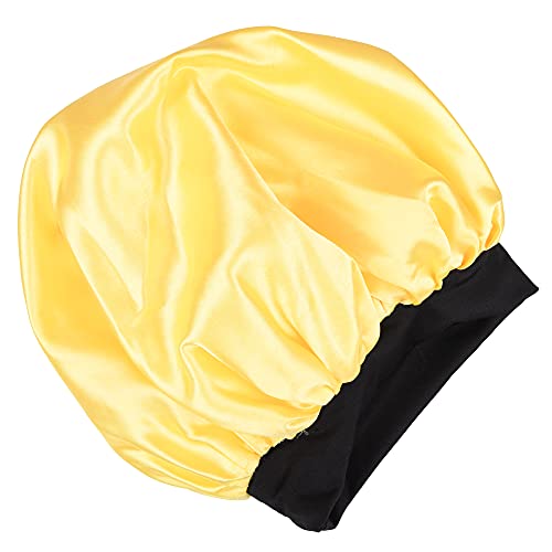 Image of Satin Silk Premium Sleeping caps, Comfortable & Soft Double Layered Streachable Hair Bonnets for All Head Sizes & Hair Type, Night Care Routine - Pack of 1 Pcs - Yellow