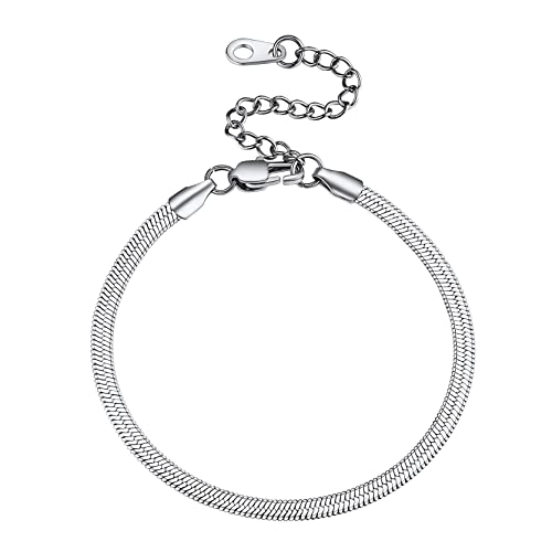 GoldChic 316L Edelstahl Damen Armlet Stapelbares Flaches Schlangenkette Armband in 3mm breit ohne Anhänger Dünnes Fischgerätenkette Armband Multi Layer geeignet in Silber mit 16cm+5cm Kette Cover