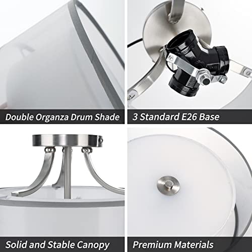 Frideko Home 3-Light Semi Flush Mount Ceiling Light Fixture - Light Fixtures Ceiling Mount Hallway Light Fixtures Ceiling With Fabric Shade Drum Light Fixture For Bedroom Kitchen Foyer Laundry Room #TOP6