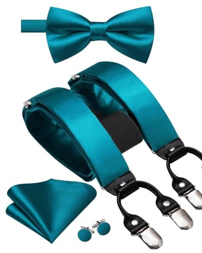Image of Hi-Tie Men Suspender Bowtie Set Suspenders Pre-tied Bow Tie Pocket Square Cufflinks Adjustable Y Shape 6 Clips Braces Tuxedo