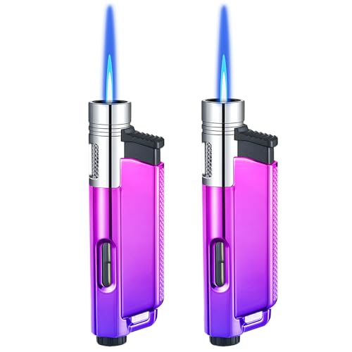 Torch Lighter, 2 Pack Jet Flame Butane Lighter, Adjustable Flame Windproof Lighter with Visible Fuel, Cool Lighters Refillable Butane for Candle Camping,Indoor,Outdoor(Without Butane)-Purple+Purple