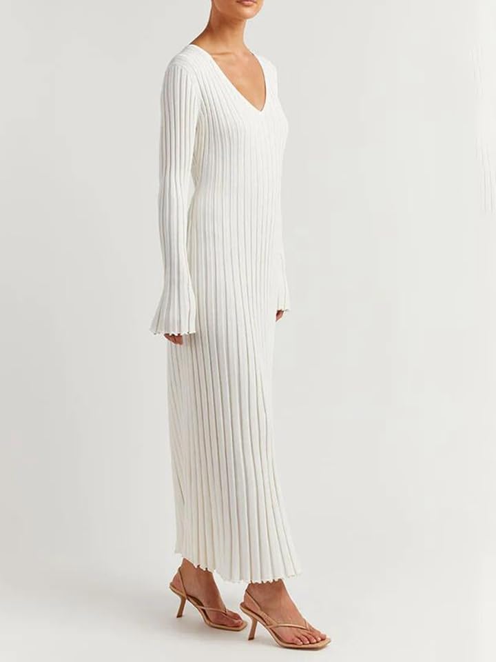 Image of Women's Long Knit Crewneck Sweater Dress Tie Waist A-Line Swing Pleated Bodycon