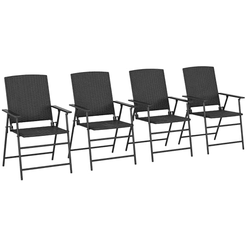 Outsunny Folding Garden Chairs Set of 4, PE Rattan Garden Dining Chairs with Armrests, High Back and Steel Frame, Weather Resistant Outdoor Dining Furniture for Patio, Balcony, Black