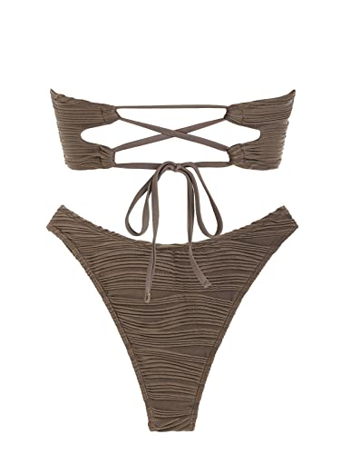 Image of ZAFUL Women Strapless Textured Bandeau Bikini 2 Piece Swimwear Cheeky Solid Lace up Bathing Suits