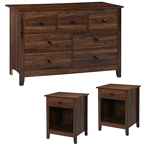 LTMEUTY Dresser and Night Stand with Drawers - 3 Pieces Wooden Bedroom Set, 7-Drawer Chest of Drawers and Nightstands Set, Brown Wood Grain Cover
