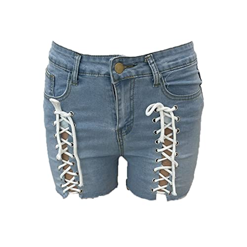 Women Distressed Jeans Shorts Vintage Booty Club Party Denim Jeans Washed Cut Off High Rise Lace Up Hot Pants (Large,Light Blue)