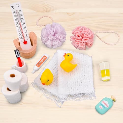 15 peças de acessórios de casa de banho para casa de bonecas, móveis bonitos em miniatura para decoração de casa de bonecas, decorações criativas artesanais, adequadas para meninos e meninas