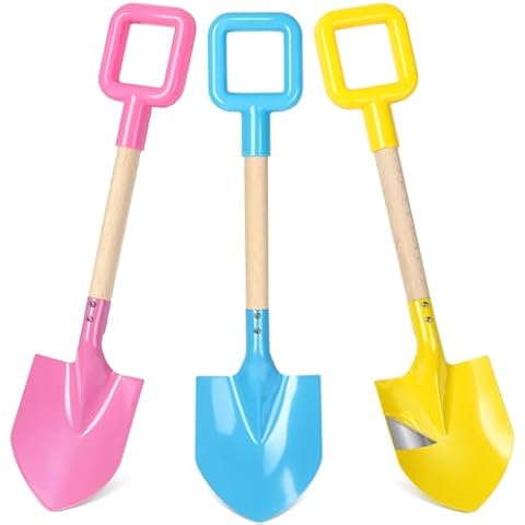 Dsmile 3Pcs Long Beach Shovels 16" Metal Kids Beach Spades Sand Shovels Toys with Wood Handle for Digging Shoveling Snow Sandbox Toys Set for Kids & Adults Cover