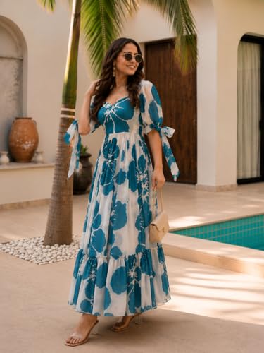 Image of Modestouze Attires Women's Floral Pattern Rayon Blend Maxi Dress with Sweetheart Neck Half Puff Sleeve Floor Length and Zipper Closure Type | Maxi Dress for Women Stylish | Dress for Women