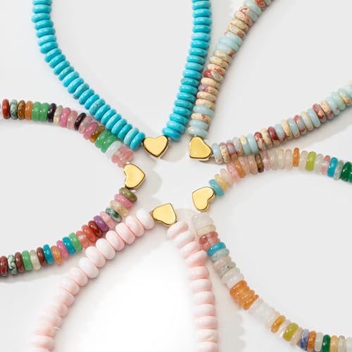 2 PCS Boho Beaded Stretch Bracelets for Women Natrue Stone Beads Gold-color Plated Heart Charm Surfer Bracelets Summer Beach Handmade Jewelry4