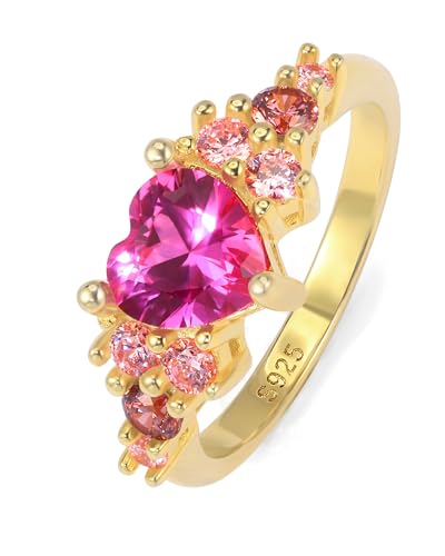 Silver Heart Engagement Rings for Women - Delicate Pink/Orange Heart Love Ring for Ladies, Promise Love Heart Jewelry Mothers Day Christmas Gifts for Her