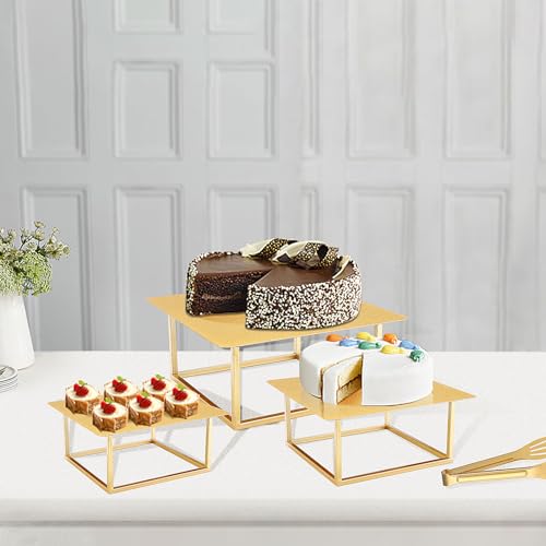 Dualshine 3 Pcs Square Gold Cake Stand Set, 8" 10" 12" Elegant Wedding Cake Stands & Dessert Table Display - Perfect for Birthday, Wedding Reception & Party Decor - Includes 2 Gold Tongs (Metal) - Image 6