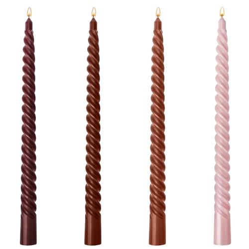 4PCS 10-Inch Long Taper Candles in Coffee Color Series -Unscented Dripless and Smokeless, Spiral Twisted Cone Candles Non-Drip 7 Hour Burn Time, for Halloween Christmas Birthday Party Home Decor