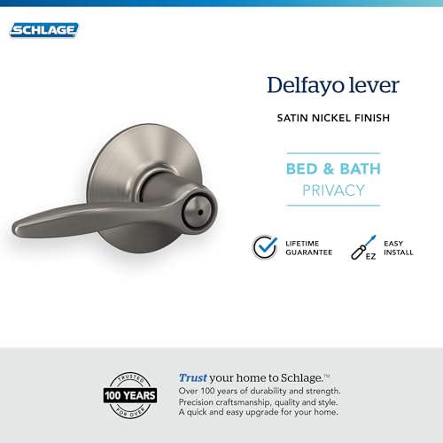 Image of Schlage F40 DEL 619 Delfayo Door Lever with Standard Trim, Bed & Bath Privacy Lock, Satin Nickel