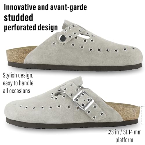 Women's Suede Clogs Leather Mules Cork Footbed Rivet Potato Shoes with Arch Support Men's Comfort Slip-On Clogs3