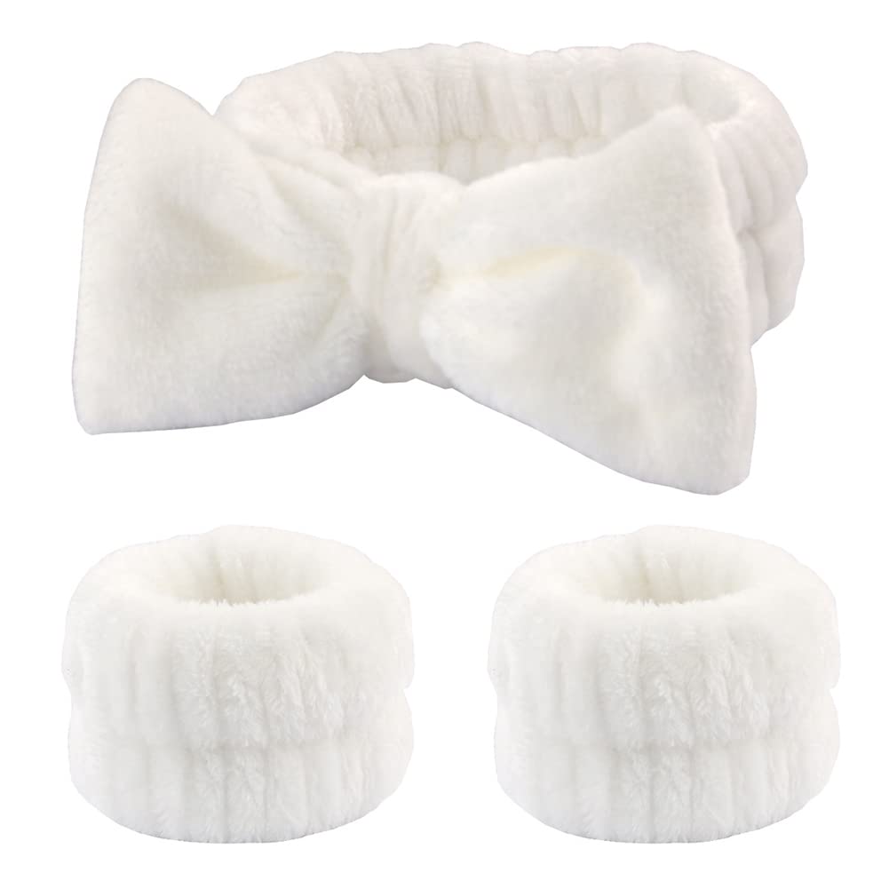 Face Wash Cuffs and Headband for Women Skin Care Wristbands for Makeup Head Band for Spa Headbands for Girls Make Up Remover Wrist Bands for Kids Bow Hairband for Washing Face Hair Bands for Skincare