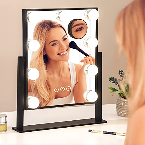 Nusvan Vanity Mirror With Lights,Makeup Mirror With Lights With 9 Dimmable Led Bulbs, 3 Color Lighting Modes Detachable 10X Magnification Mirror Touch Control,360°Rotation #TOP5