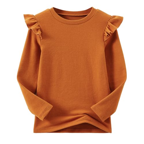 Ugitopi Camiseta de manga larga para niña, manga con volantes, cuello redondo, túnica, camisetas para niñas, marrón, 2 años