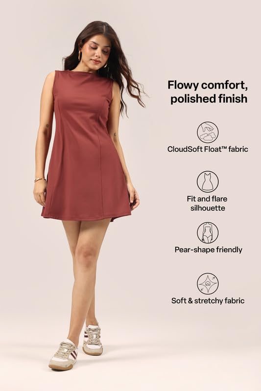 Image of BlissClub Womens Ultimate Dress, Fit & Flare Silhouette, Boat Neck Dress with Side Pocket, Soft Stretchy Everyday