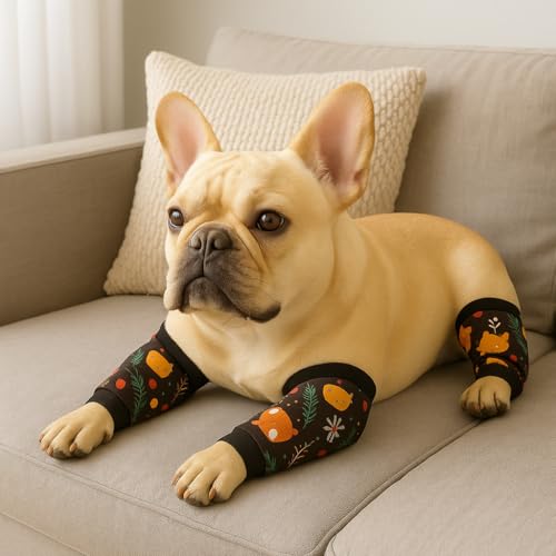 Image of Petwarm Dog Recovery Leg Sleeves 4pcs Set Fox Forest Print - Cone-Free Joint Support Sleeves for Dogs, Anti-Lick Recovery Wraps for Small Dogs, Black Brown, S