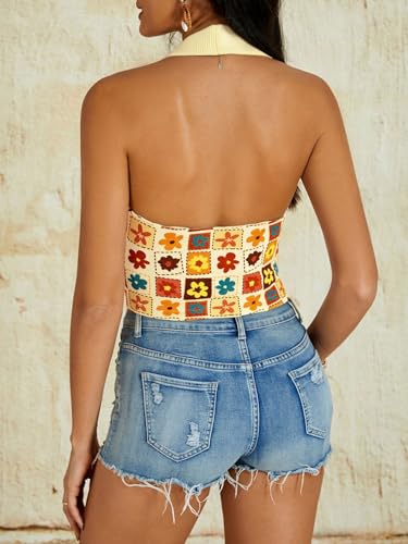 Verdusa Women's Floral Print Backless Halter V Neck Slim Fitted Crop Top Tanks2