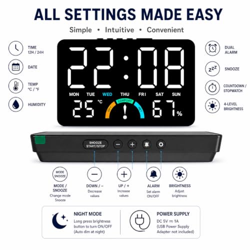 Image of AERYS Digital LED Alarm Clock with 1 Year Warranty Temperature&Humidity Monitor,Comfort Indicator (Dry /Comfort /Wet) Dual Alarm, Day&Time Display,Large LED Screen,Snooze,Desk Clock for Bedroom&Office