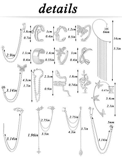 Tornito 17Pcs Ear Cuffs Chain Earrings Snake Butterfly Leaf Non Piercing Clip on Earring Fake Helix Cartilage Earrings Ear Clip Jewelry Silver Gold Tone2