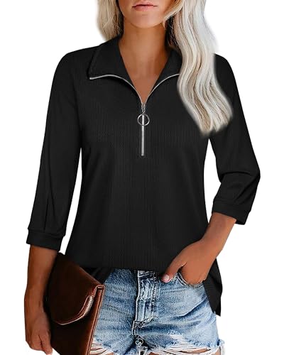 Datuhao Shirt 3/4 Arm Damen Schwarz V Ausschnitt Bluse Business Damen Bügelfrei Blusenshirt Langarm Elegant Oberteile Damens Frühling Mode Einfarbig Arbeitsblusen für Frauen Polo Shirt mit Kragen,M