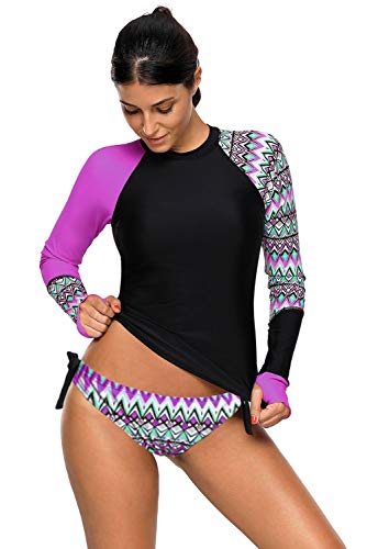 Eva Freedom Women's Long Sleeve Split Rash Guard Surf Suit, Boho Print Swimsuit with Thumb Hole Sun Protection Swimwear for Swimming Snorkeling Kayak,Purple,M