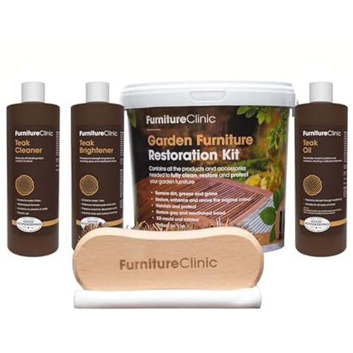 Kit de restauración y mantenimiento para muebles de jardín – Limpia y restaura todos los muebles de exterior – Contiene Aceite para teca, Limpiador de teca,Abrillantador de teca y todos los accesorios