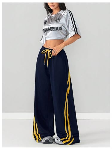 Women's Striped Baggy Track Pant Drawstring Waist Wide Leg Sweatpants Casual Trousers Streetwear3