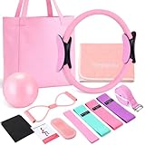 Teyva Daily 11 Pcs Pink Yoga Accessories Set for Women, Home Pilates Essential Kit for Workout Gym Lover Gifts with Yoga Mat Magic Circle Tote Bag 3 Resistance Bands Strap Socks Towel Ball TPE Loop