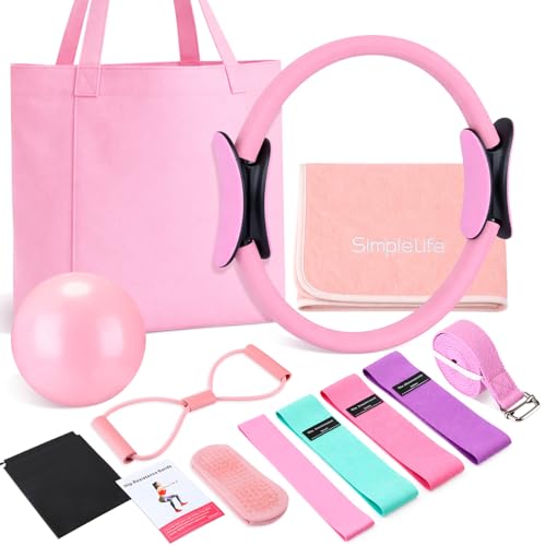 Teyva Daily 11 Pcs Pink Yoga Accessories Set for Women, Home Pilates Essential Kit for Workout Gym Lover Gifts with Yoga Mat Magic Circle Tote Bag 3 Resistance Bands Strap Socks Towel Ball TPE Loop