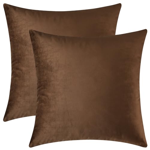 Image of Mixhug Set of 2 Cozy Velvet Square Decorative Throw Pillow Covers for Couch and Bed, Brown, 18 x 18 Inches