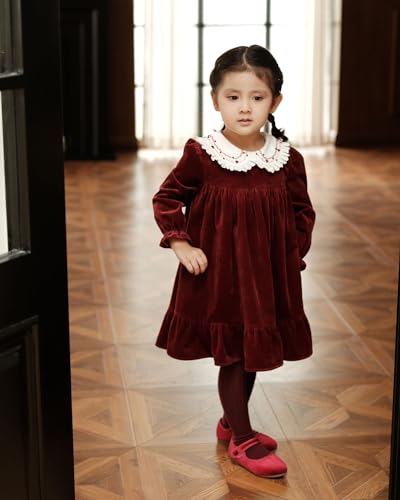 Twoflower Baby Girls' Dresses,Toddler Vintage Christmas Party Velvet Fall Dress with Long Ruffle Sleeve and Peter pan Collar2