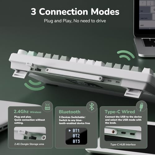RK ROYAL KLUDGE M75 Wireless Mechanical Keyboard 2.4Ghz/BT5.1/USB-C Gaming Keyboard 75% Layout 81 Keys Gasket Mount with OLED Display & Knob RGB Backlight Hot-Swappable Pale Green Switch, Green by RK ROYAL KLUDGE - Image 6