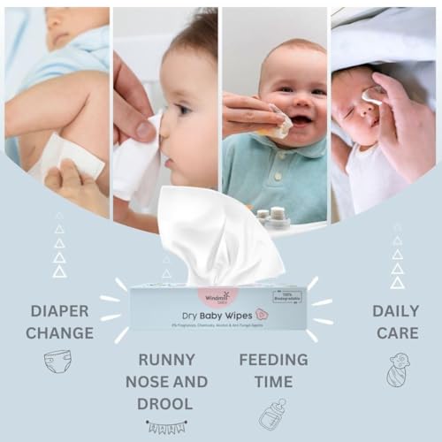 Image of Windmill baby Natural Dry Baby Wipes, 100% Hypoallergenic Chemical Free Wipes, Fragrance Free, for rash free diapering, perfect for newborns, 20cm x 20cm - Pack of 6 (72 count each)