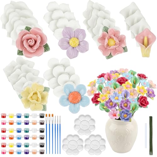 RattanView 24 Set 3D DIY Flower Ceramics to Paint Kit Ready to Paint Your Own Flower Figurines Unpainted Ceramics Painting Statues Crafts for Kids Adult Party Favor(Spring)