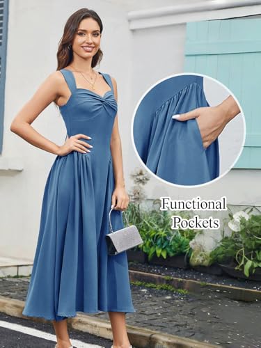 Image of Women's Wedding Guest Dress Corset Sleeveless Semi Formal Bridesmaid Flowy Midi Dresses with Pockets