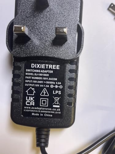 DIXIETREE 18V 1.5A AC-DC Switching Adaptor, UK Plug, 18V DC Output, 1.5A, 27W, 1.5Amp, 18V1.5ACDM, Wall Mount, 2-Pin, Compatible with Laptops, Tablets, Smartphones, Other Portable Electronics