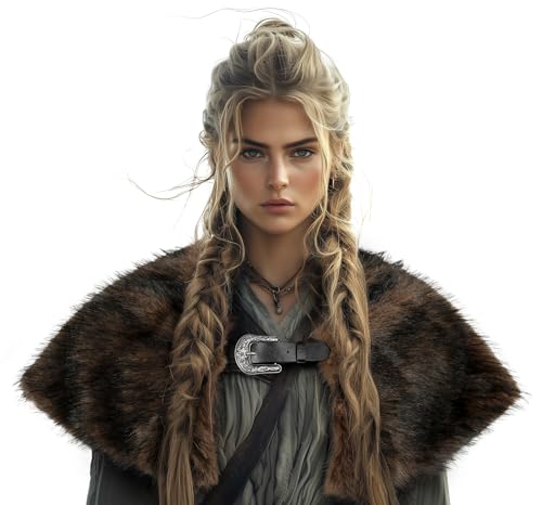 Viking Fur Shawl Collar Medieval Faux Fur Mantle Shoulder Wrap for Women Viking Costume Accessory-Khaki