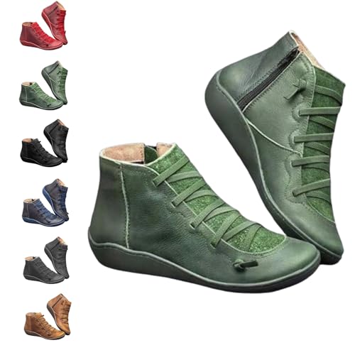 Women's Vintage Casual Short Ankle Boots,Arch Support Fashion No Heel Lace Up Side Zipper Retro Leather Booties,Flat Booties Comfortable Walking Boots